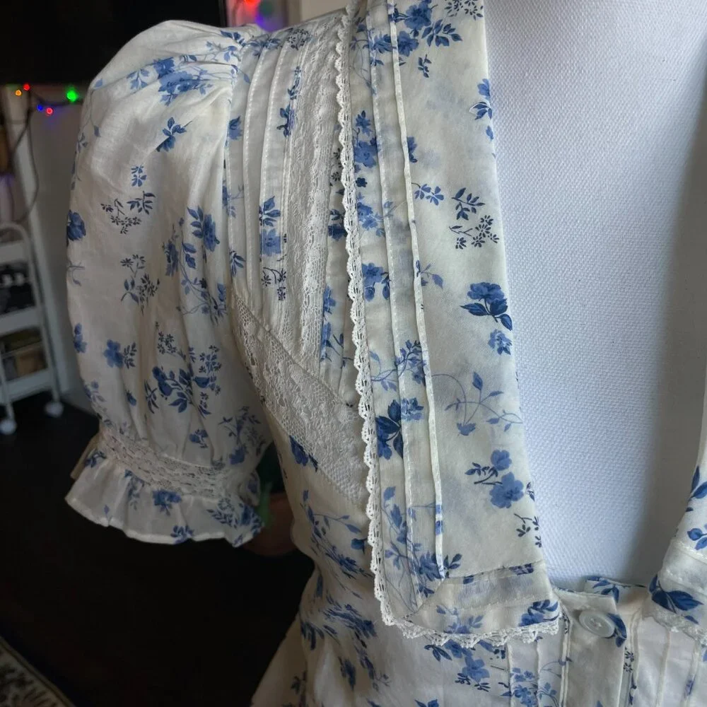 Reformation Cream and Blue Floral Puff Sleeve Blouse